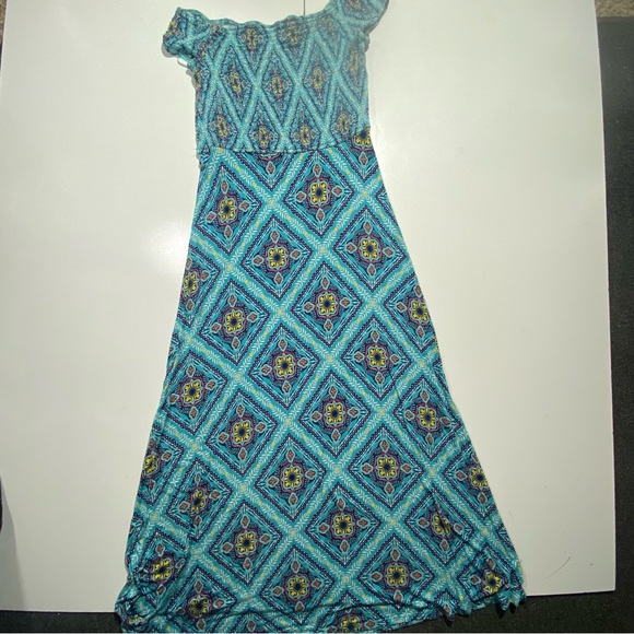 Loft Beach Blue Smocked Off The Shoulders Short Sleeve Flowy Maxi Dress XS - Picture 3 of 14
